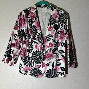 Joan Rivers Womens Black Pink Floral 3/4 Sleeve Blazer